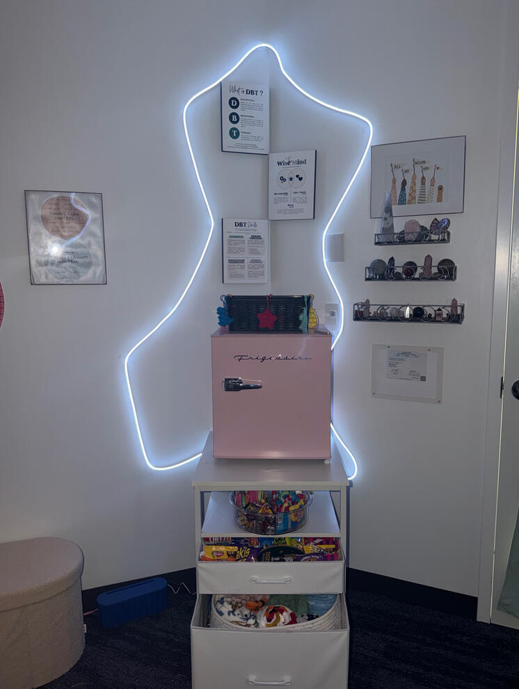 Because therapy is hard enough—you shouldn’t have to do it hungry. This little corner has snacks, drinks, comfort items, and a whole lot of DBT sprinkled in. Whether you need something to munch on, something to keep your hands busy, or a skill to help you