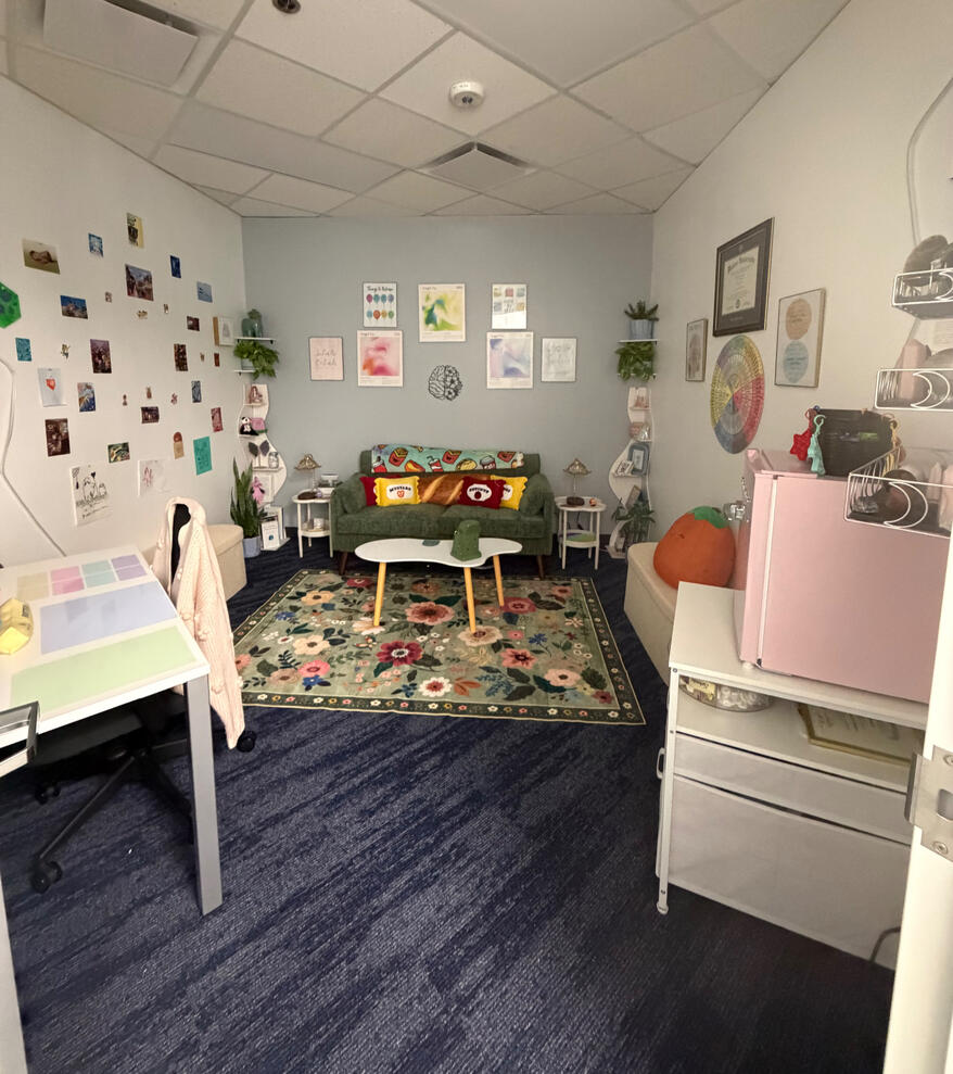 A warm, cozy, and creative therapy space designed to feel safe, welcoming, playful, and comfortable while leaving room to heal, grow, bloom & glow.